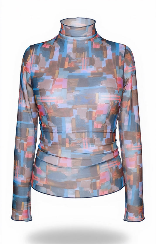 Langarm-Mesh-Top – Abstrakter Print
